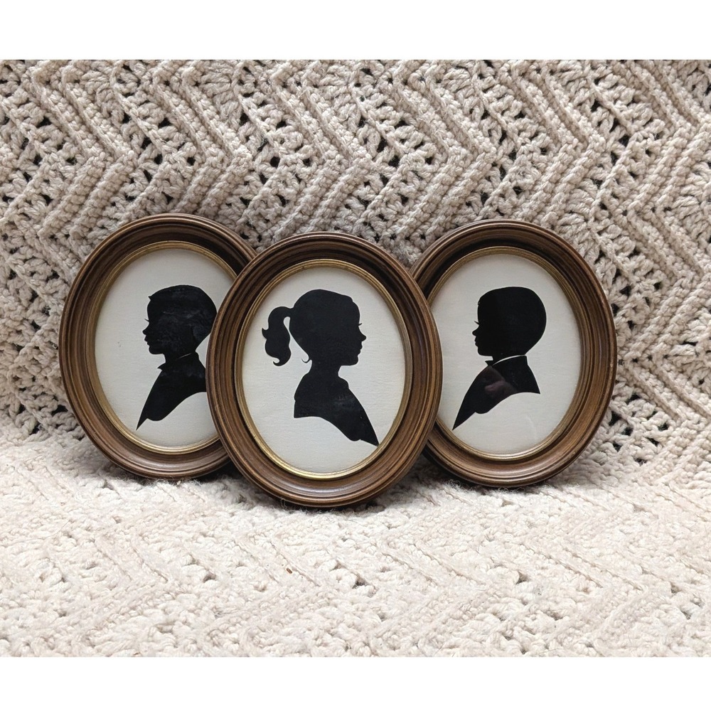 Vintage Silhouette Wall Art Set of 3 Oval Wood Gold Tone Frames Child Profiles